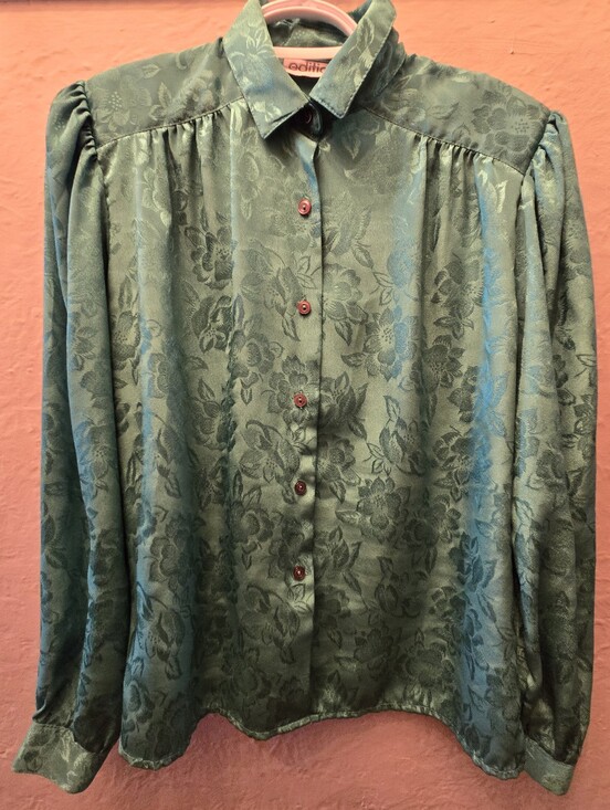 Vintage Tops - Vintage Editions Emerald Green Floral Jacquard Blouse Women's Medium